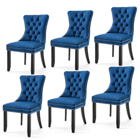 6x Velvet Dining Chairs Upholstered Tufted Kithcen Chair with Solid Wood Legs Stud Trim and Ring-Blue - Cosy Abode