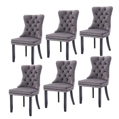 6x Velvet Dining Chairs Upholstered Tufted Kithcen Chair with Solid Wood Legs Stud Trim and Ring-Gray - Cosy Abode