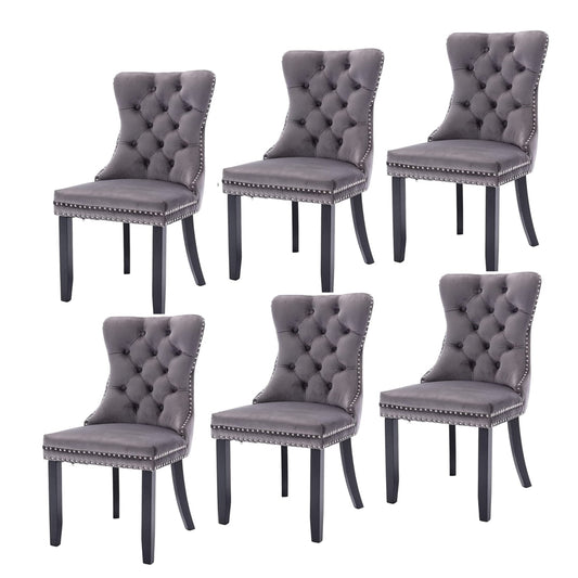 6x Velvet Dining Chairs Upholstered Tufted Kithcen Chair with Solid Wood Legs Stud Trim and Ring-Gray - Cosy Abode