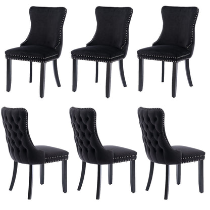 6x Velvet Upholstered Dining Chairs Tufted Wingback Side Chair with Studs Trim Solid Wood Legs for Kitchen - Cosy Abode