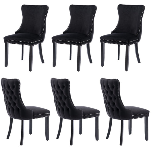6x Velvet Upholstered Dining Chairs Tufted Wingback Side Chair with Studs Trim Solid Wood Legs for Kitchen - Cosy Abode