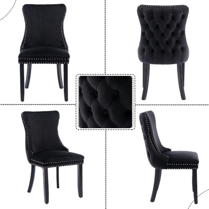 6x Velvet Upholstered Dining Chairs Tufted Wingback Side Chair with Studs Trim Solid Wood Legs for Kitchen - Cosy Abode