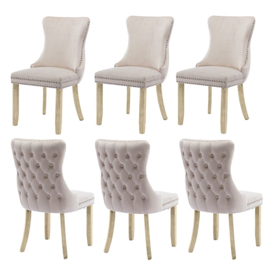 6x Velvet Upholstered Dining Chairs Tufted Wingback Side Chair with Studs Trim Solid Wood Legs for Kitchen - Cosy Abode