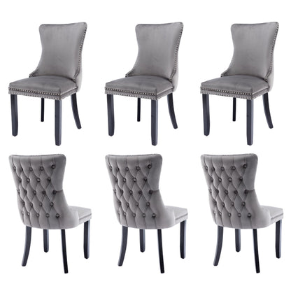 6x Velvet Upholstered Dining Chairs Tufted Wingback Side Chair with Studs Trim Solid Wood Legs for Kitchen - Cosy Abode
