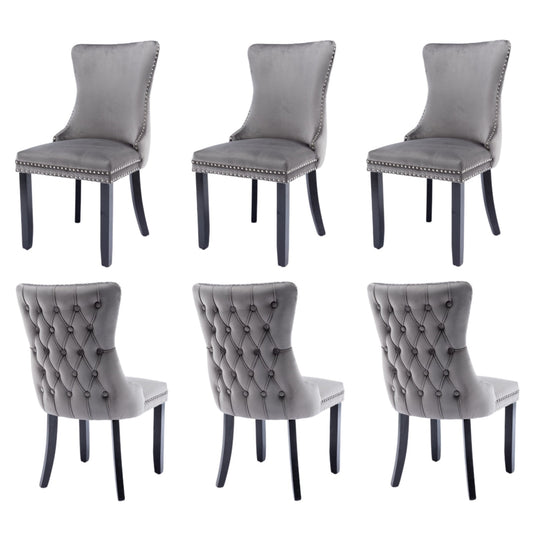 6x Velvet Upholstered Dining Chairs Tufted Wingback Side Chair with Studs Trim Solid Wood Legs for Kitchen - Cosy Abode