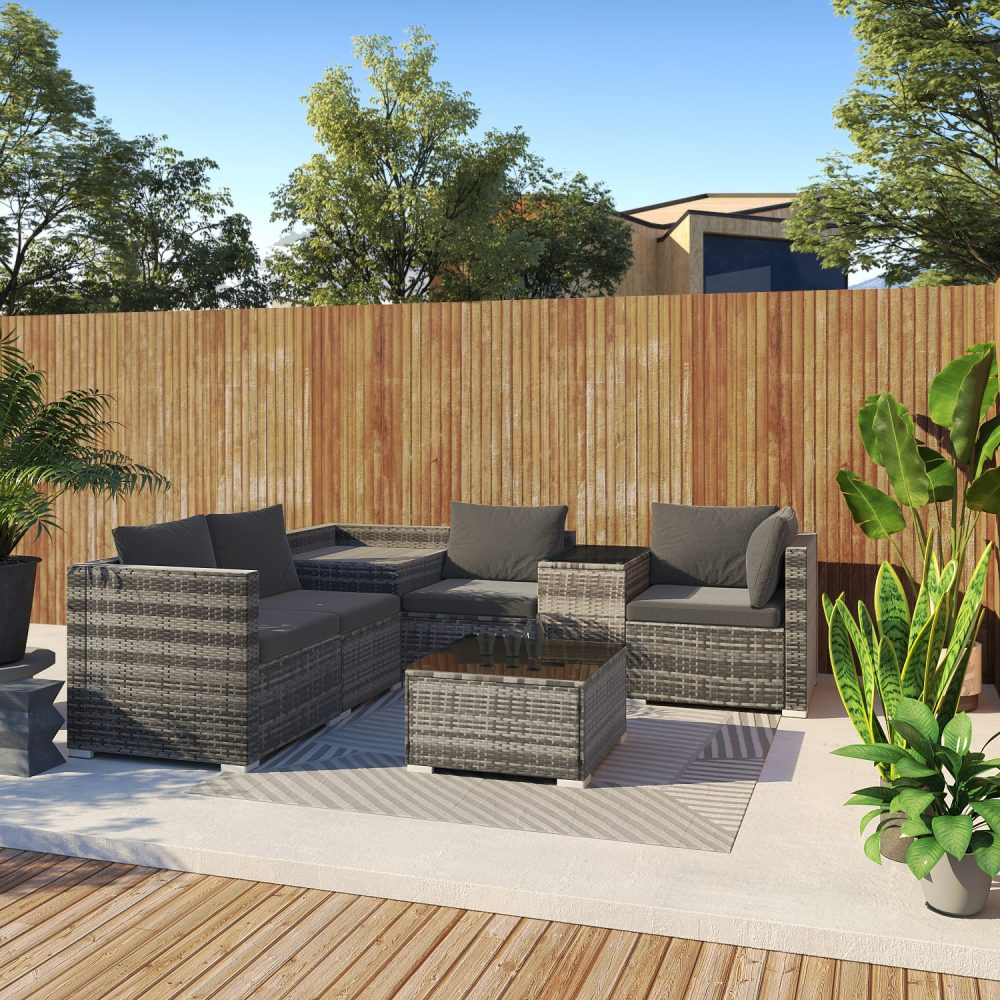 7PC Outdoor Wicker Lounge with Storage Corner (Grey) - Cosy Abode
