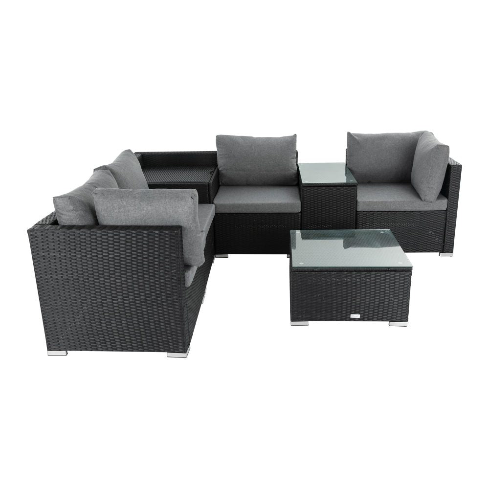 7PC Outdoor Wicker Loveseat Setting with Storage Corner (Black) - Cosy Abode