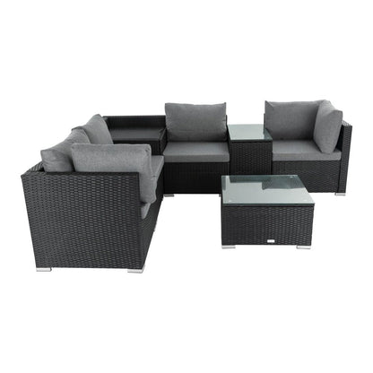 7PC Outdoor Wicker Loveseat Setting with Storage Corner (Black) - Cosy Abode