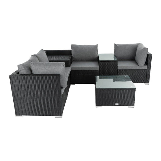 7PC Outdoor Wicker Loveseat Setting with Storage Corner (Black) - Cosy Abode