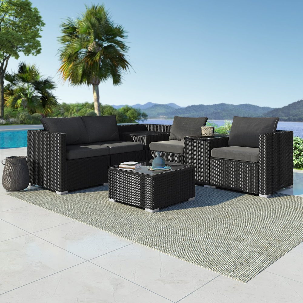 7PC Outdoor Wicker Loveseat Setting with Storage Corner (Black) - Cosy Abode