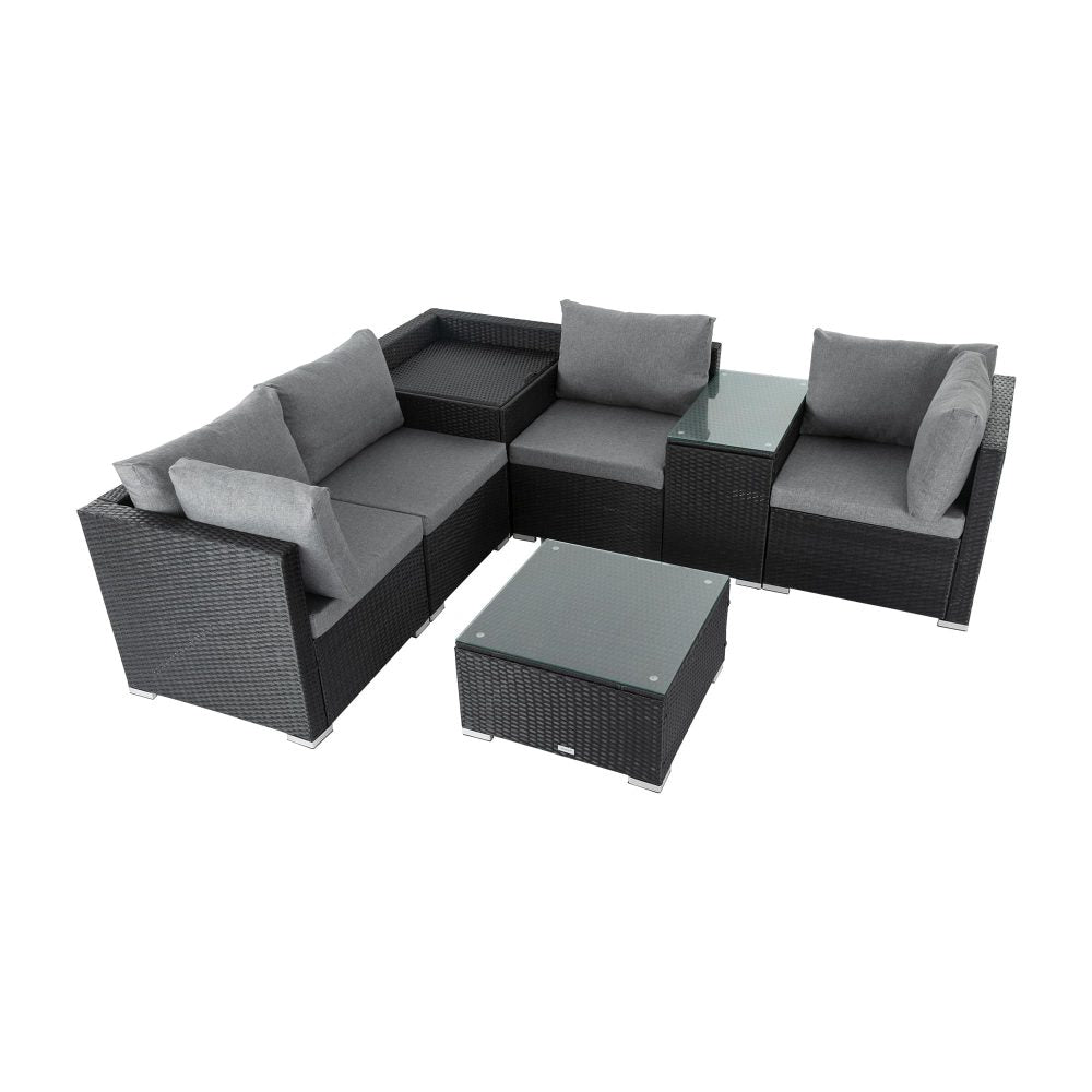 7PC Outdoor Wicker Loveseat Setting with Storage Corner (Black) - Cosy Abode