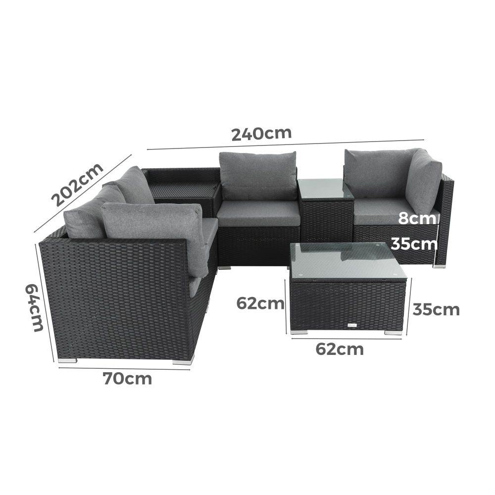 7PC Outdoor Wicker Loveseat Setting with Storage Corner (Black) - Cosy Abode