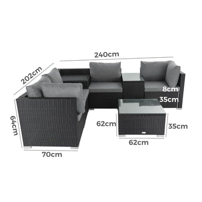7PC Outdoor Wicker Loveseat Setting with Storage Corner (Black) - Cosy Abode