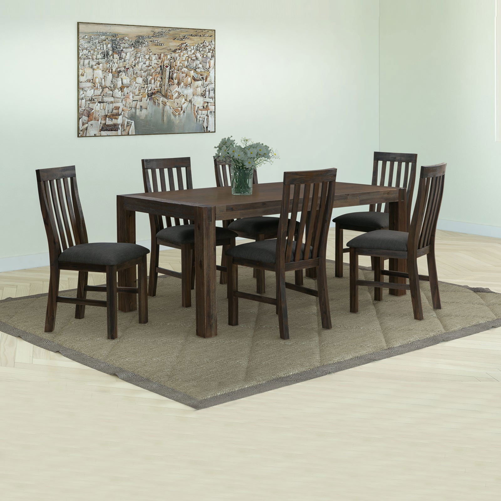 7 Pieces Dining Suite 180cm Medium Size Dining Table & 6X Chairs with Solid Acacia Wooden Base in Chocolate Colour - Cosy Abode