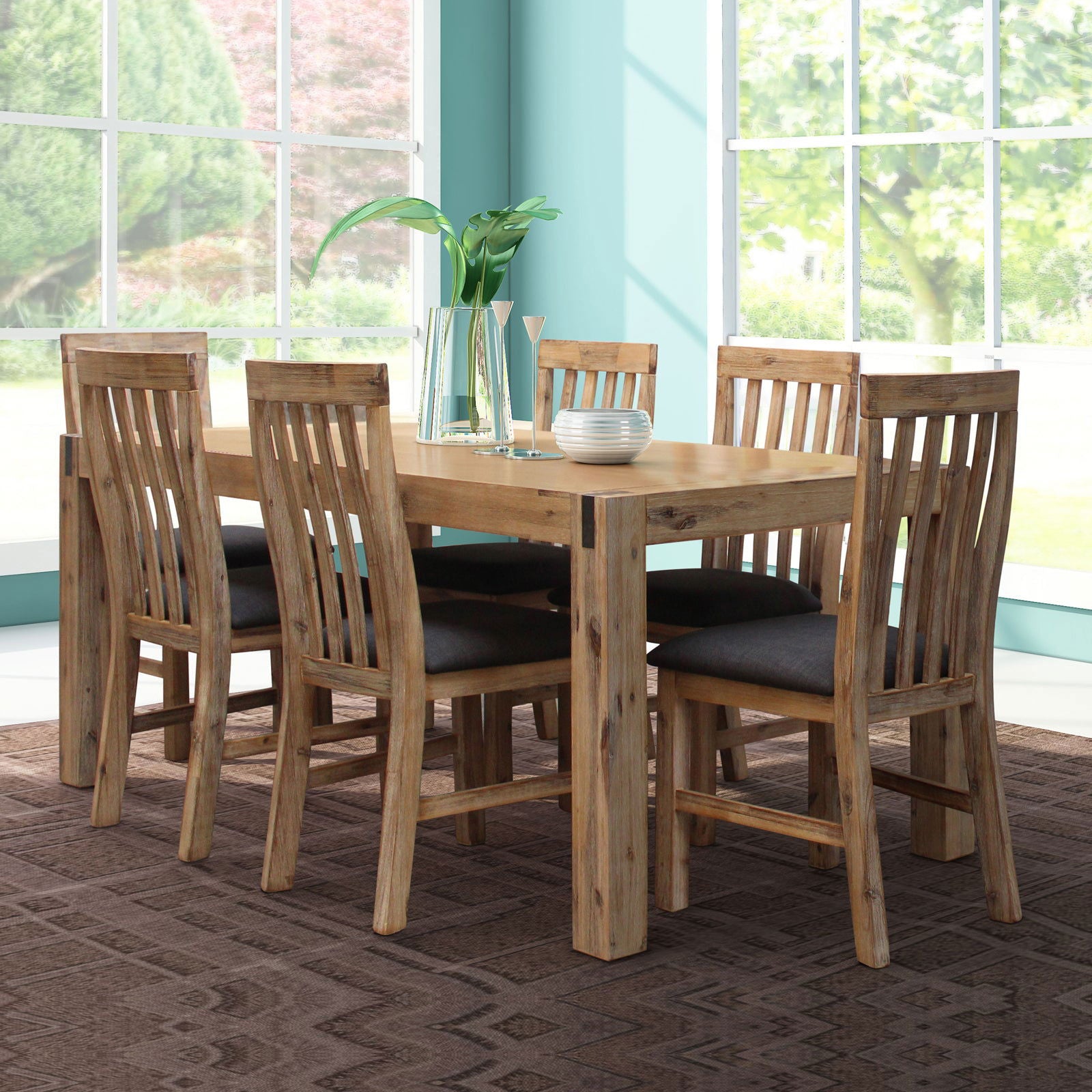 7 Pieces Dining Suite 180cm Medium Size Dining Table & 6X Chairs with Solid Acacia Wooden Base in Oak Colour - Cosy Abode