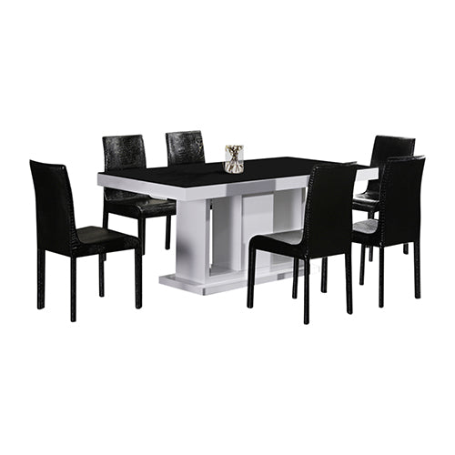 7 Pieces Dining Suite Dining Table & 6X  Black Chairs in Rectangular Shape High Glossy MDF Wooden Base Combination of Black & White Colour - Cosy Abode