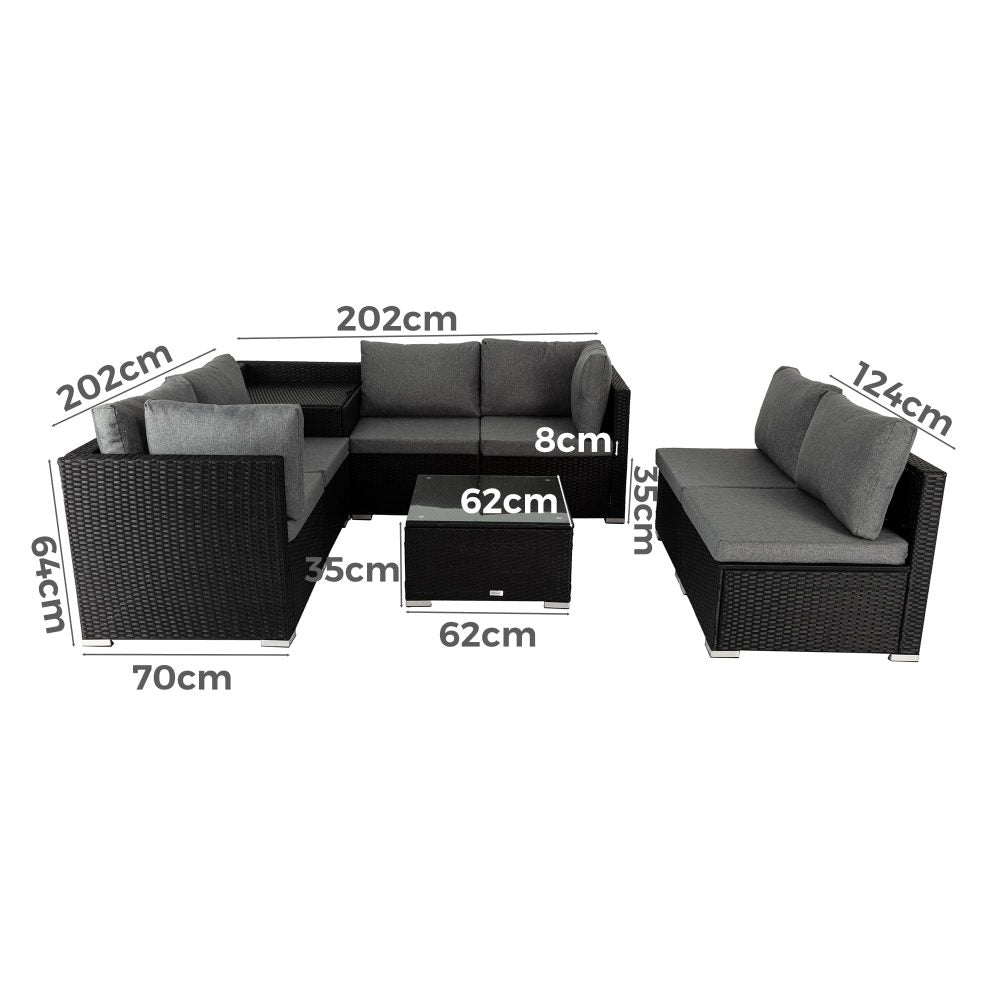 8PCS Outdoor Furniture Modular Lounge Sofa Lizard-Black - Cosy Abode