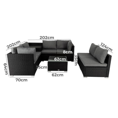 8PCS Outdoor Furniture Modular Lounge Sofa Lizard-Black - Cosy Abode