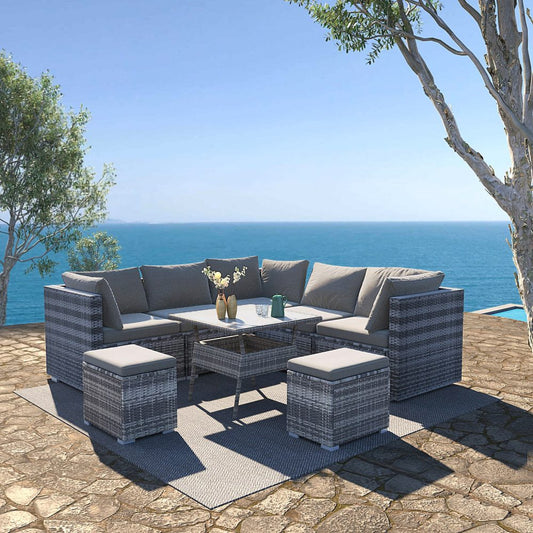 8PC Outdoor Dining Set Wicker Table &amp; Chairs-Grey - Cosy Abode