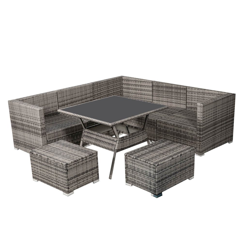 8PC Outdoor Dining Set Wicker Table &amp; Chairs-Grey - Cosy Abode