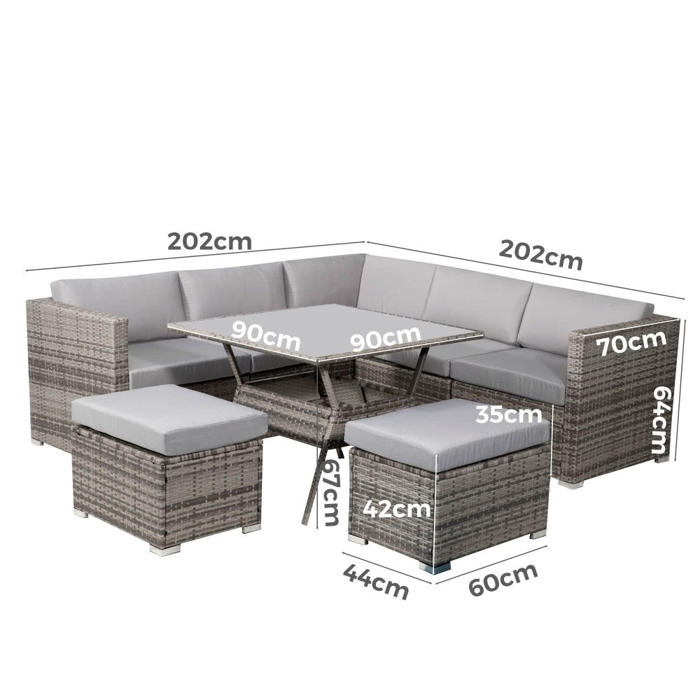 8PC Outdoor Dining Set Wicker Table &amp; Chairs-Grey - Cosy Abode