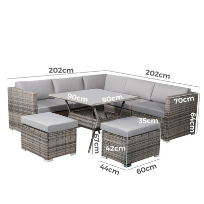 8PC Outdoor Dining Set Wicker Table &amp; Chairs-Grey - Cosy Abode
