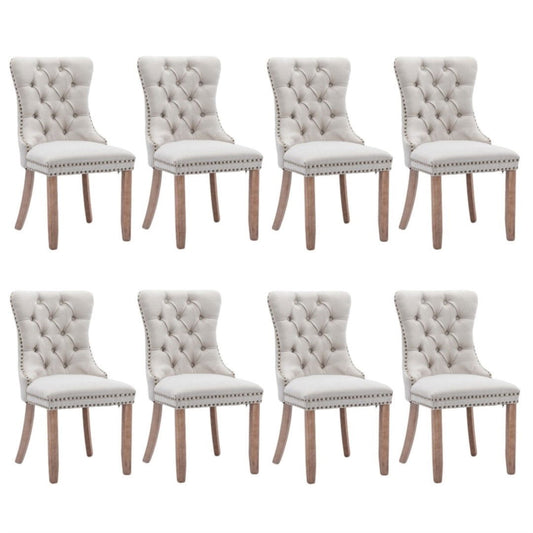 8x AADEN Modern Elegant Button-Tufted Upholstered Fabric with Studs Trim and Wooden legs Dining Side Chair-Beige - Cosy Abode
