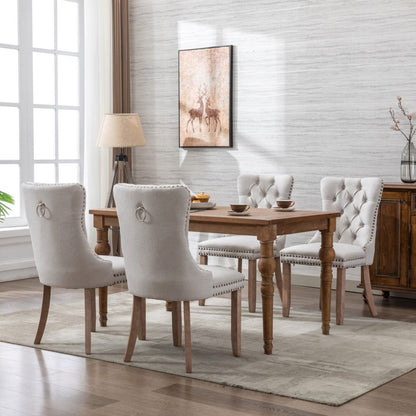 8x AADEN Modern Elegant Button-Tufted Upholstered Fabric with Studs Trim and Wooden legs Dining Side Chair-Beige - Cosy Abode