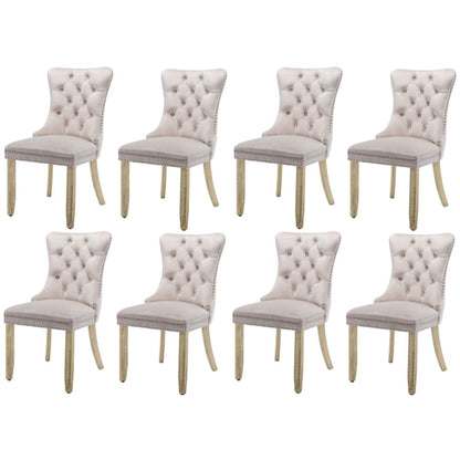 8x Velvet Dining Chairs Upholstered Tufted Kithcen Chair with Solid Wood Legs Stud Trim and Ring-Beige - Cosy Abode