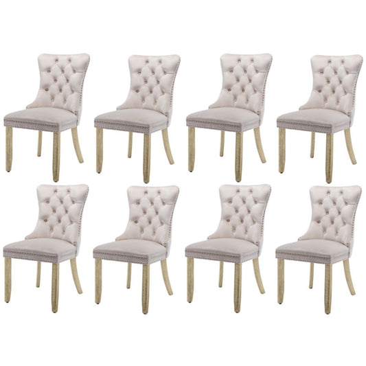 8x Velvet Dining Chairs Upholstered Tufted Kithcen Chair with Solid Wood Legs Stud Trim and Ring-Beige - Cosy Abode