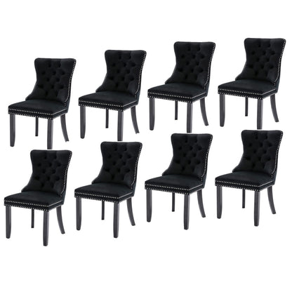 8x Velvet Dining Chairs Upholstered Tufted Kithcen Chair with Solid Wood Legs Stud Trim and Ring-Black - Cosy Abode