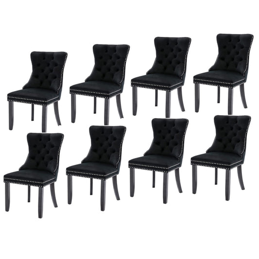 8x Velvet Dining Chairs Upholstered Tufted Kithcen Chair with Solid Wood Legs Stud Trim and Ring-Black - Cosy Abode