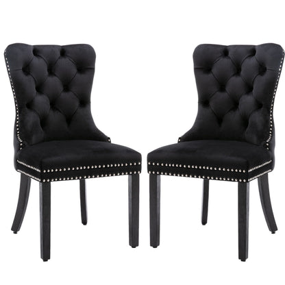 8x Velvet Dining Chairs Upholstered Tufted Kithcen Chair with Solid Wood Legs Stud Trim and Ring-Black - Cosy Abode