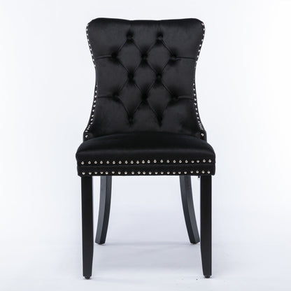 8x Velvet Dining Chairs Upholstered Tufted Kithcen Chair with Solid Wood Legs Stud Trim and Ring-Black - Cosy Abode