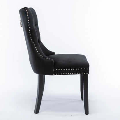 8x Velvet Dining Chairs Upholstered Tufted Kithcen Chair with Solid Wood Legs Stud Trim and Ring-Black - Cosy Abode