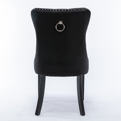 8x Velvet Dining Chairs Upholstered Tufted Kithcen Chair with Solid Wood Legs Stud Trim and Ring-Black - Cosy Abode