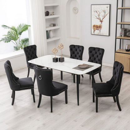 8x Velvet Dining Chairs Upholstered Tufted Kithcen Chair with Solid Wood Legs Stud Trim and Ring-Black - Cosy Abode