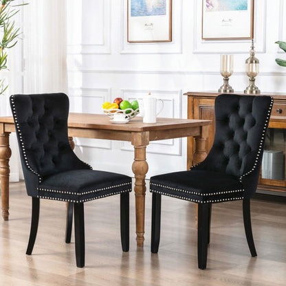8x Velvet Dining Chairs Upholstered Tufted Kithcen Chair with Solid Wood Legs Stud Trim and Ring-Black - Cosy Abode