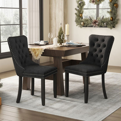 8x Velvet Dining Chairs Upholstered Tufted Kithcen Chair with Solid Wood Legs Stud Trim and Ring-Black - Cosy Abode