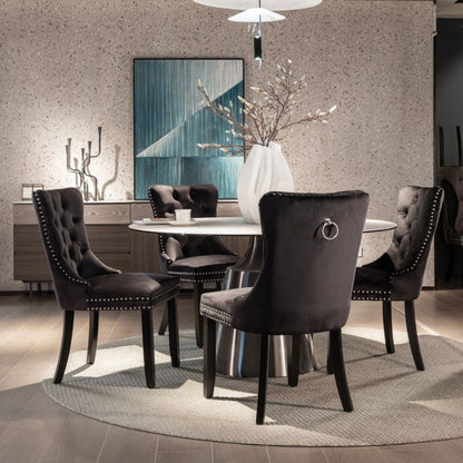 8x Velvet Dining Chairs Upholstered Tufted Kithcen Chair with Solid Wood Legs Stud Trim and Ring-Black - Cosy Abode