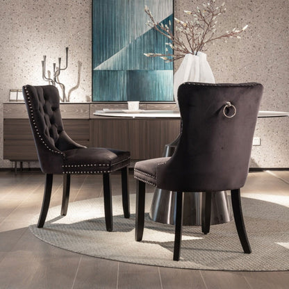 8x Velvet Dining Chairs Upholstered Tufted Kithcen Chair with Solid Wood Legs Stud Trim and Ring-Black - Cosy Abode