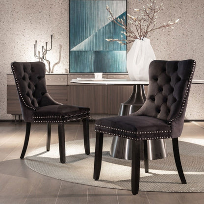 8x Velvet Dining Chairs Upholstered Tufted Kithcen Chair with Solid Wood Legs Stud Trim and Ring-Black - Cosy Abode