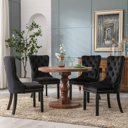 8x Velvet Dining Chairs Upholstered Tufted Kithcen Chair with Solid Wood Legs Stud Trim and Ring-Black - Cosy Abode