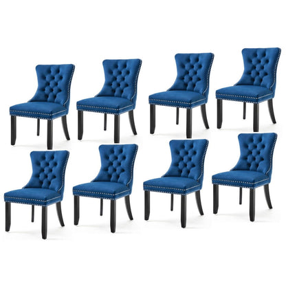 8x Velvet Dining Chairs Upholstered Tufted Kithcen Chair with Solid Wood Legs Stud Trim and Ring-Blue - Cosy Abode