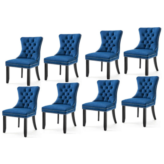 8x Velvet Dining Chairs Upholstered Tufted Kithcen Chair with Solid Wood Legs Stud Trim and Ring-Blue - Cosy Abode