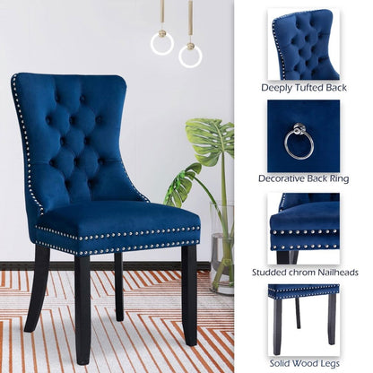 8x Velvet Dining Chairs Upholstered Tufted Kithcen Chair with Solid Wood Legs Stud Trim and Ring-Blue - Cosy Abode
