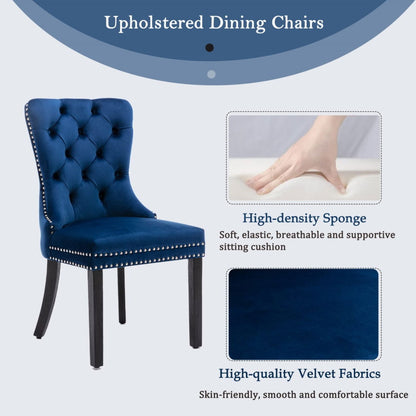8x Velvet Dining Chairs Upholstered Tufted Kithcen Chair with Solid Wood Legs Stud Trim and Ring-Blue - Cosy Abode