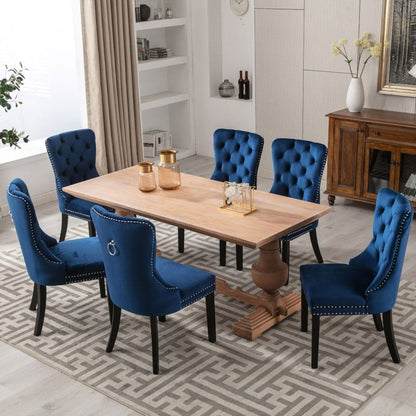 8x Velvet Dining Chairs Upholstered Tufted Kithcen Chair with Solid Wood Legs Stud Trim and Ring-Blue - Cosy Abode