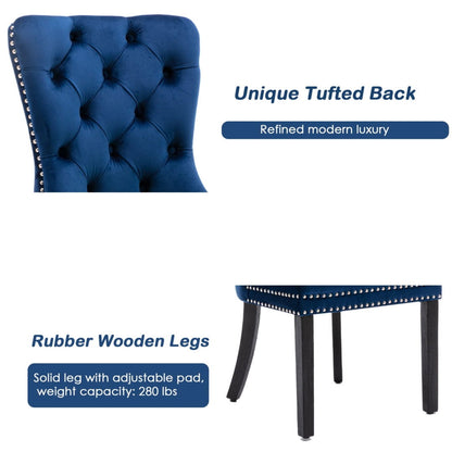 8x Velvet Dining Chairs Upholstered Tufted Kithcen Chair with Solid Wood Legs Stud Trim and Ring-Blue - Cosy Abode