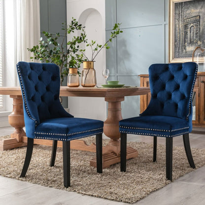 8x Velvet Dining Chairs Upholstered Tufted Kithcen Chair with Solid Wood Legs Stud Trim and Ring-Blue - Cosy Abode